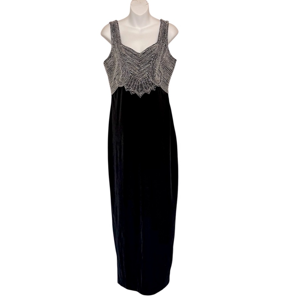 Vintage Stenay Elegant Black Velvet Beaded Bodice Evening Dress Size 12